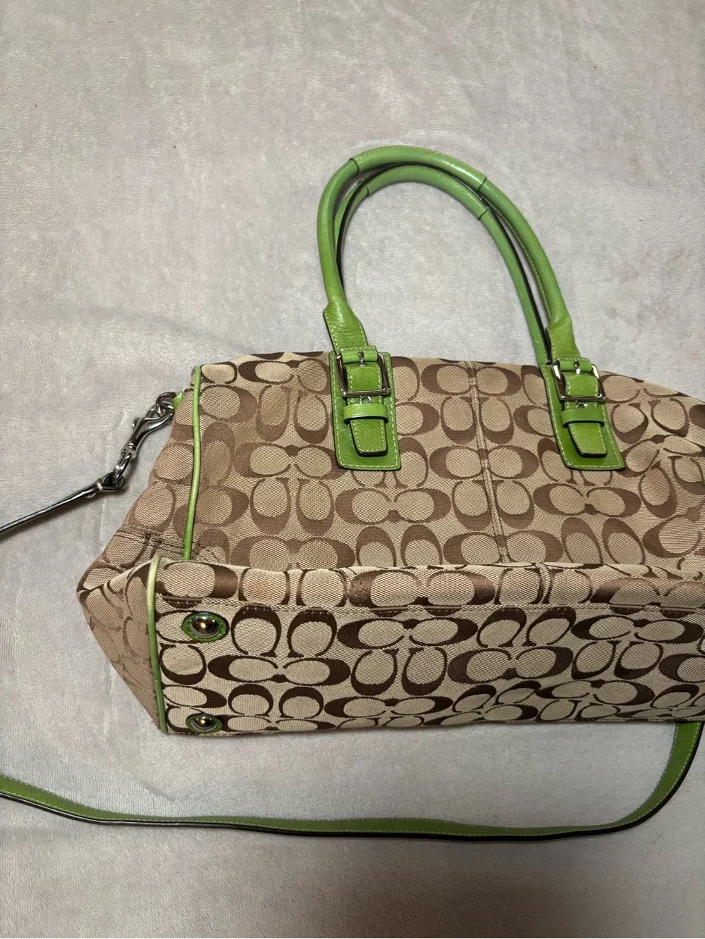 Rare Vintage Coach Hampton Nancy Signature Zebra Stripe Satchel Green Handbag